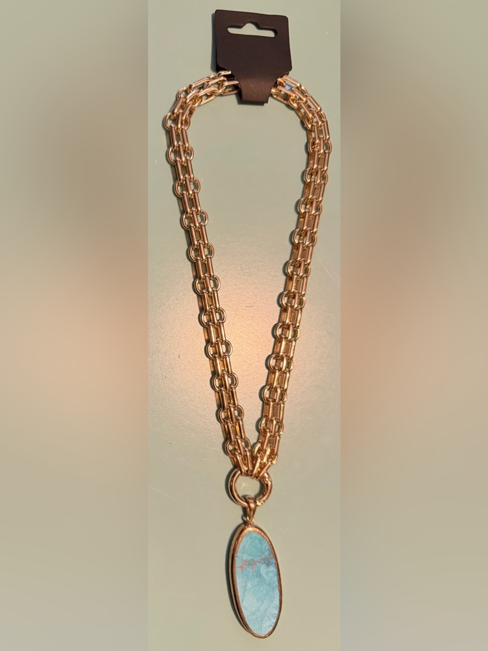 Gold-Tone Double Link Necklace with Front Closure & Real Turquoise Pendant